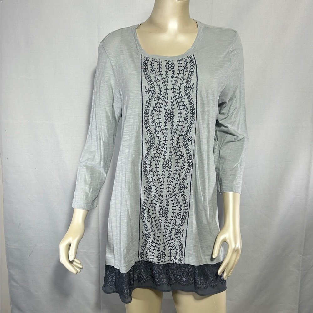 LOGO by Lori Goldstein blue 3/4 sleeve tunic top embroidered large L lace